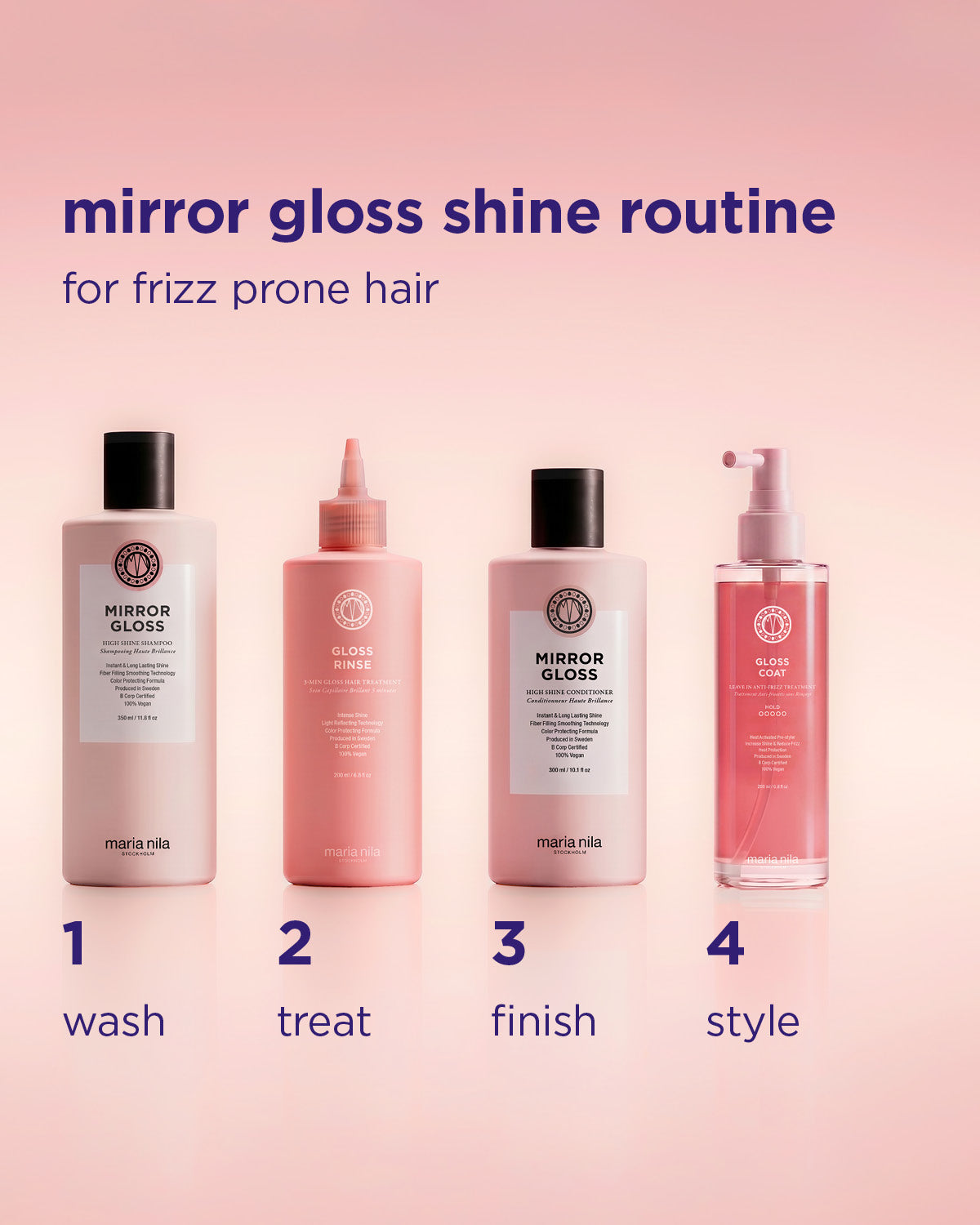 Set of four pink hair care bottles labeled as steps for the mirror gloss shine routine for frizz-prone hair.
