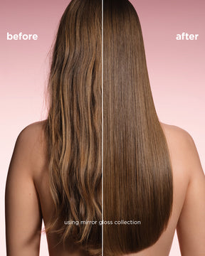 Side-by-side comparison of wavy, dull brown hair before and smooth, glossy straight hair after conditioner treatment.