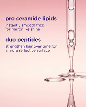 Dropper releasing clear serum with text highlighting pro ceramide lipids and duo peptides benefits on soft pink background.