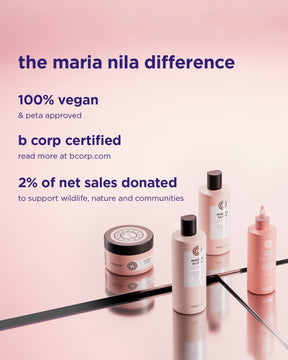 Three pink Maria Nila Mirror Gloss Mask hair care bottles and jar on reflective surfaces with soft purple gradient background.