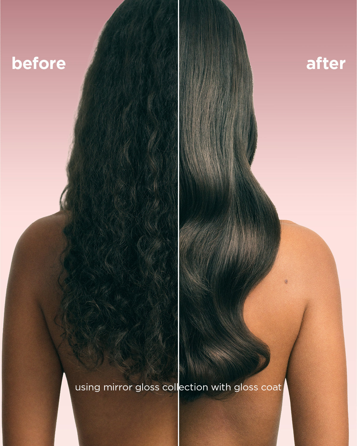 Side-by-side back view of curly, frizzy hair transformed into smooth, glossy, wavy hair after using gloss mask.