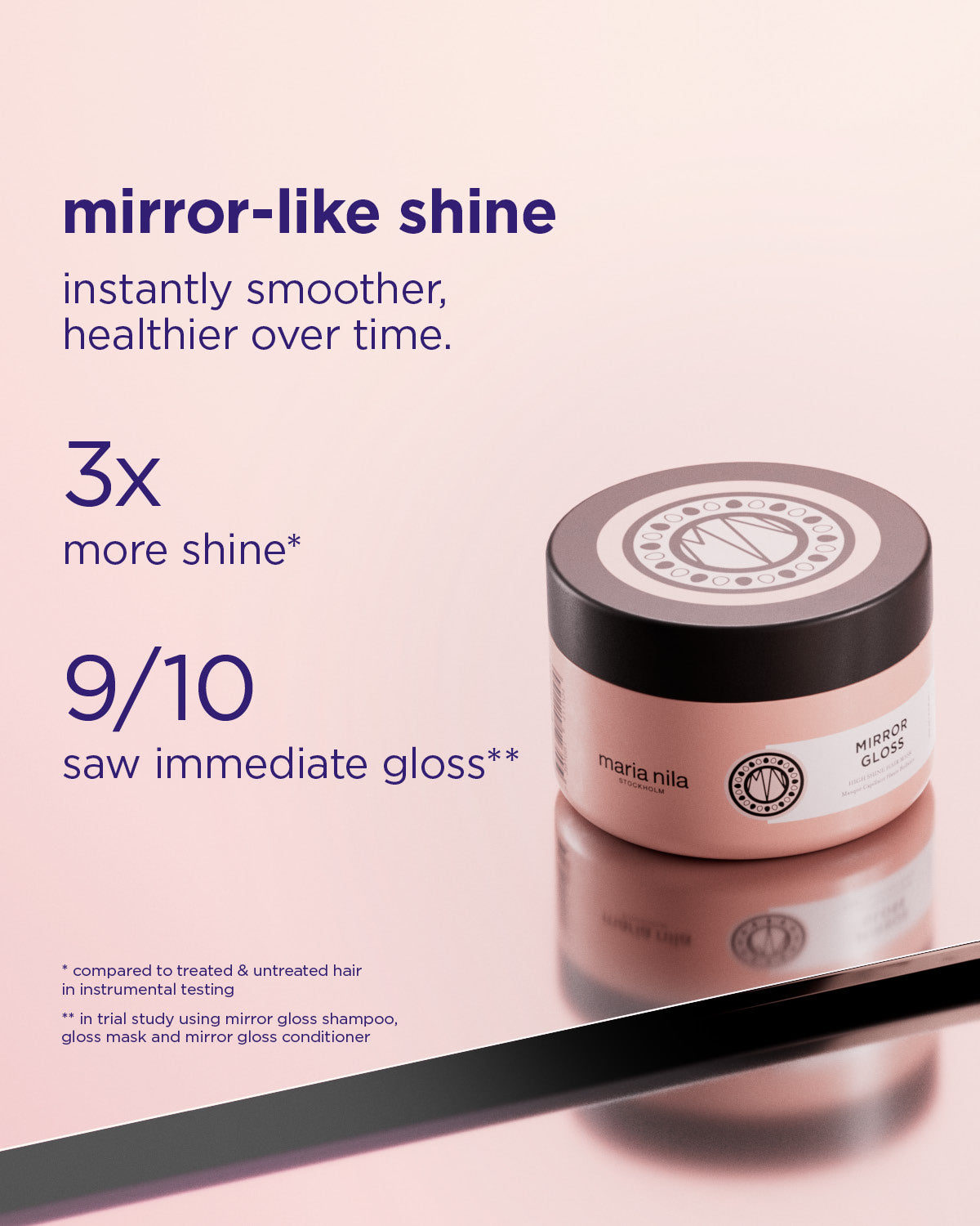 Pink jar of Mirror Gloss Mask with black lid and glossy reflective surface under soft lighting.