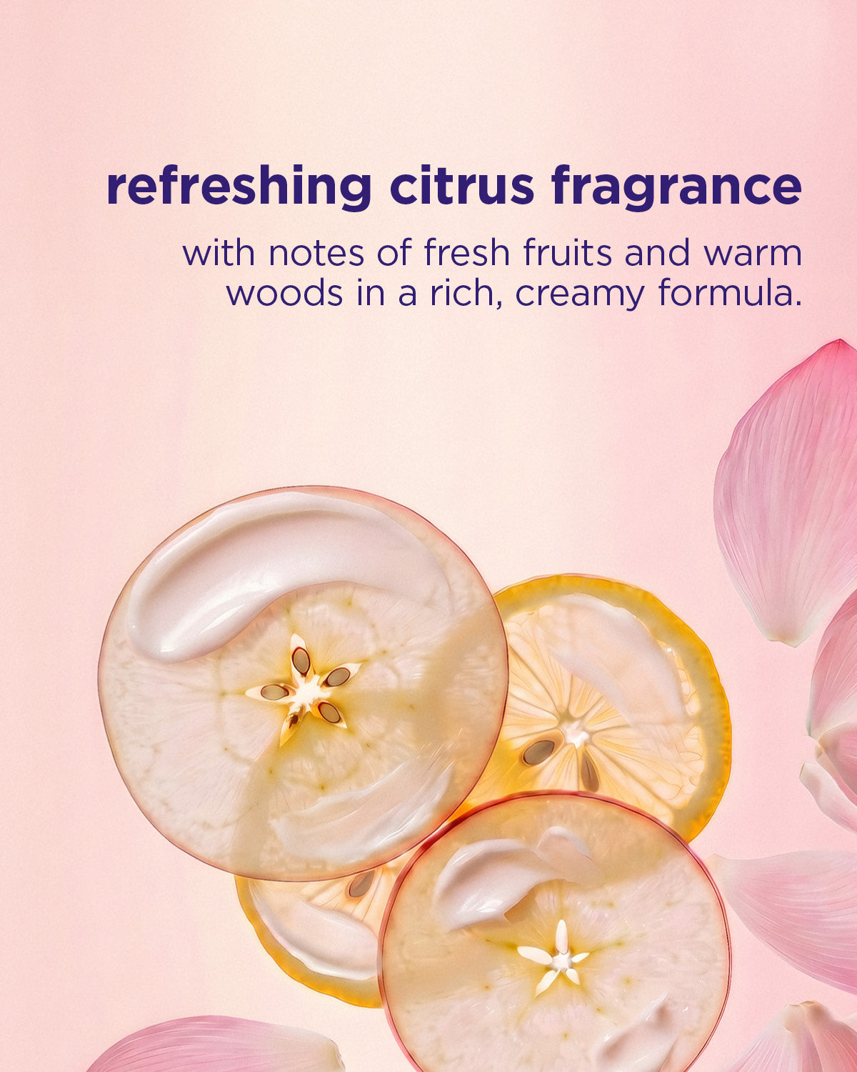 Three translucent gel mask blobs with citrus slices underneath on a pale pink background.
