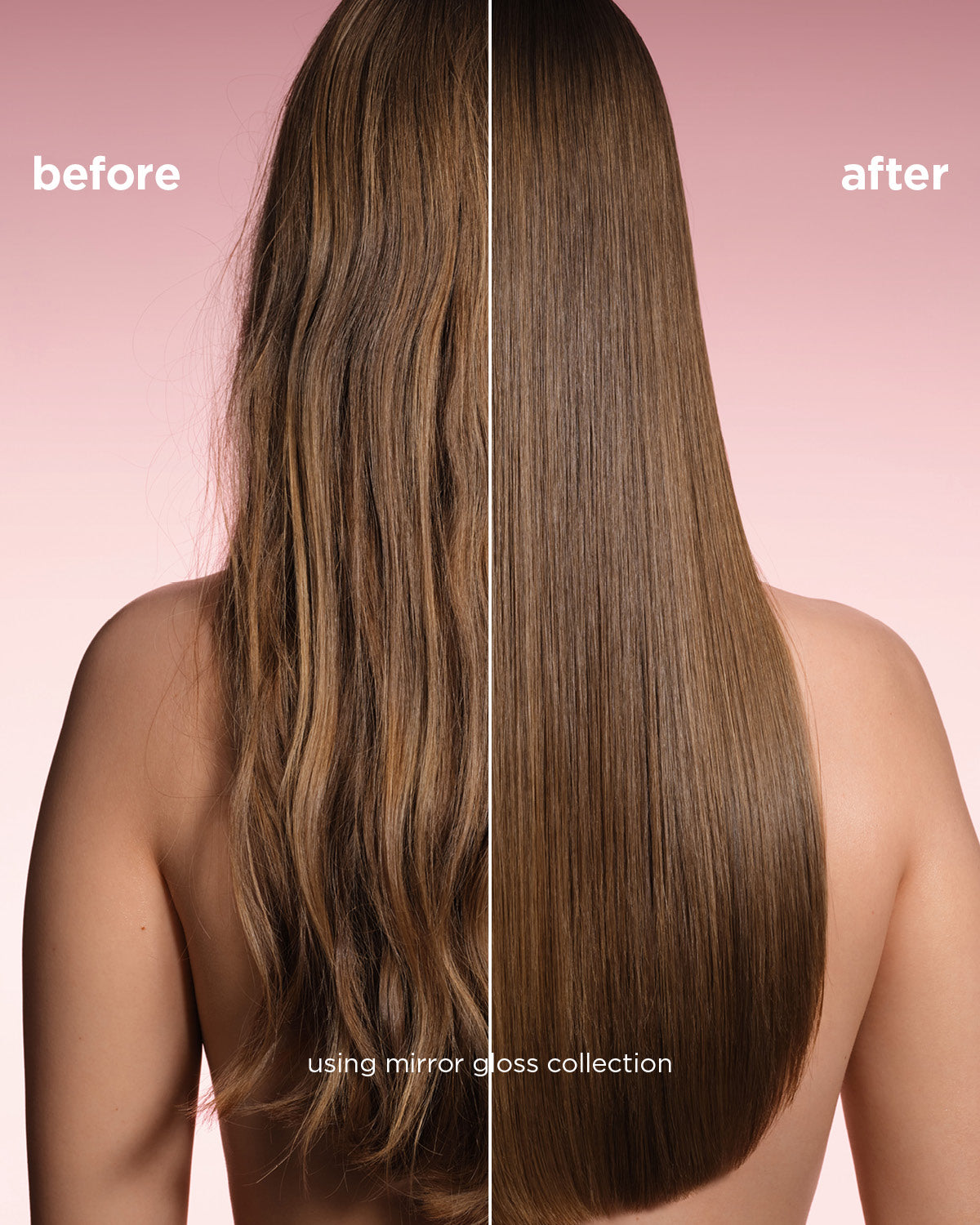 Comparison of long brown hair before and after using gloss treatment, showing smoother, shinier texture on the right side.