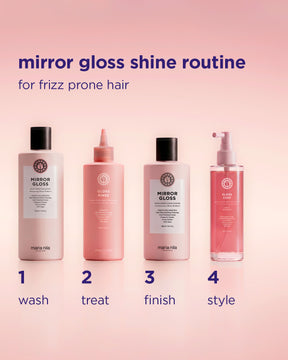 Four pink haircare bottles labeled wash, treat, finish, and style for mirror gloss shine routine.