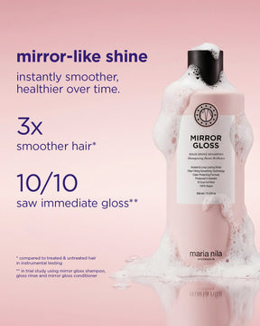 Pink Mirror Gloss Shampoo liter bottle with black cap, surrounded by foamy lather on a soft pink background.