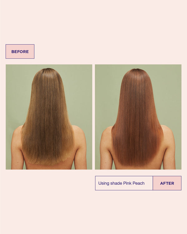 Before and after comparison of hair color using shade Pink Peach on a plain background.