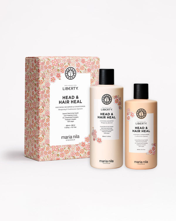 Maria Nila exclusively for liberty head and hair heal box and two bottles on a white background
