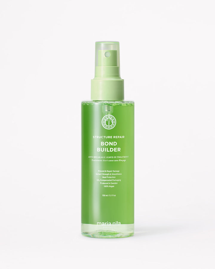 Green bottle of Maria Nila Bond Builder on a white background