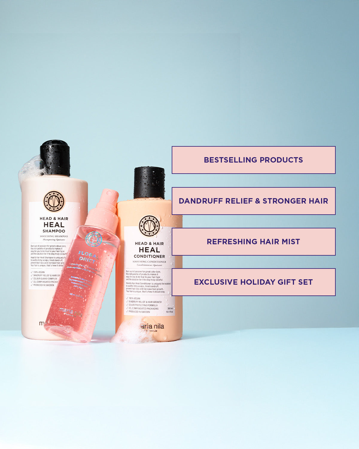 Set of hair care products with text on a light blue background