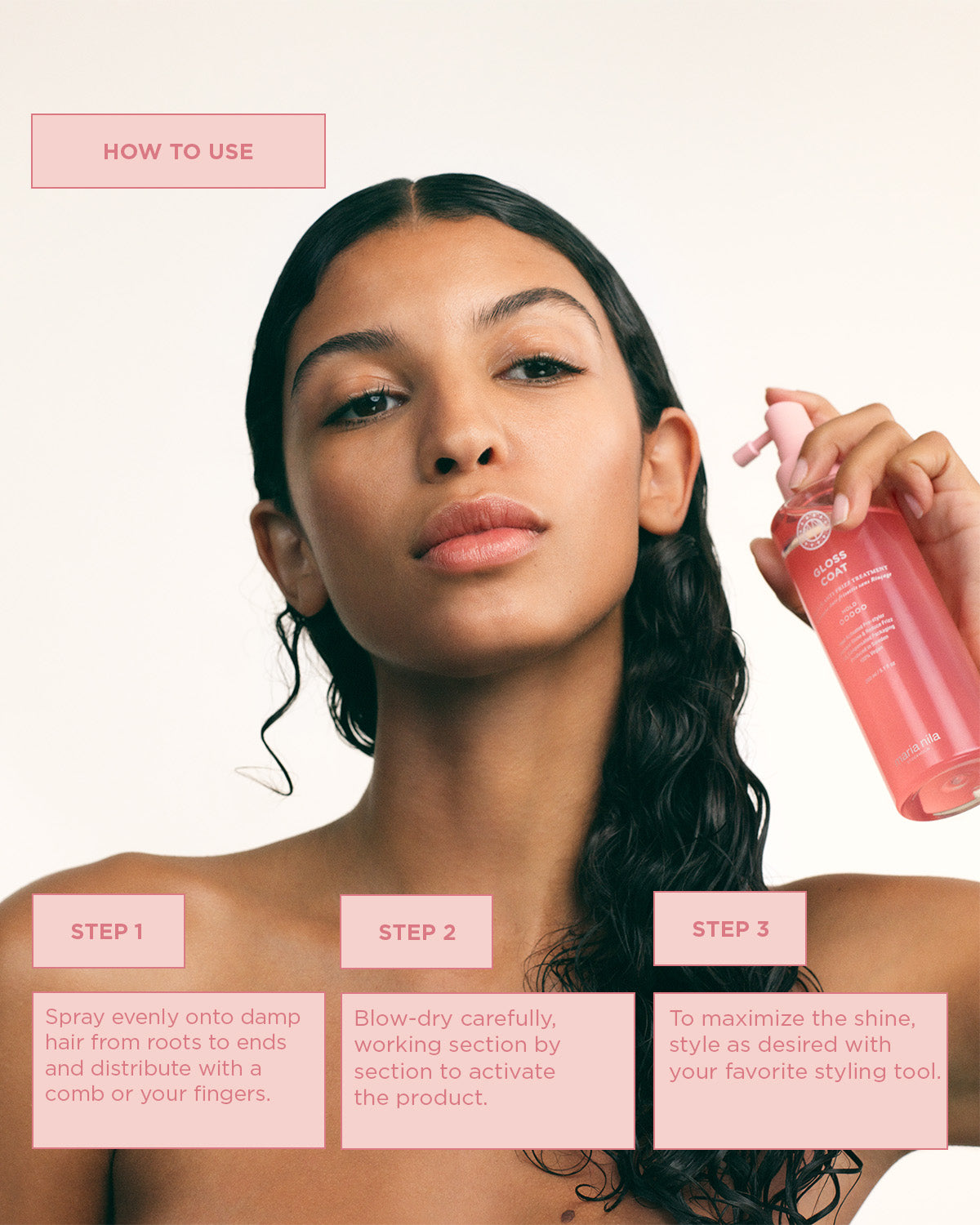 Woman using Gloss Coat with step-by-step instructions on a light pink background