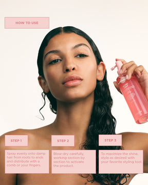 Woman using Gloss Coat with step-by-step instructions on a light pink background