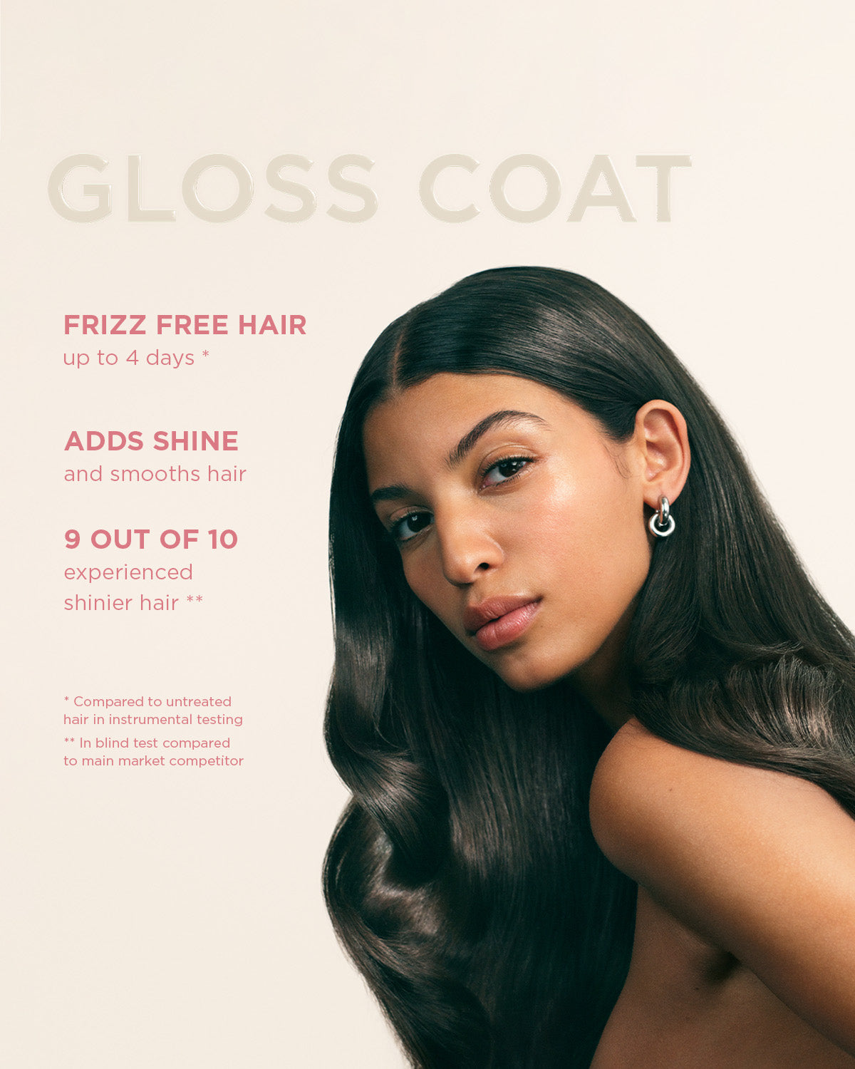 Woman with glossy hair and text about gloss Coat product on a beige background