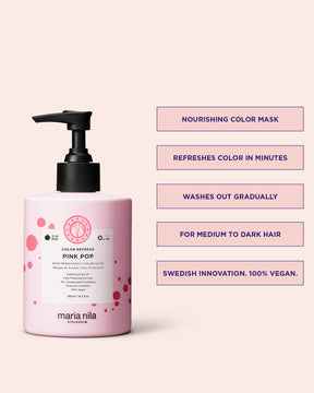 Pink hair mask bottle with text on a light pink background